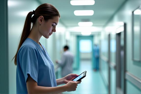 Medical professional using a tablet in a modern hospital setting